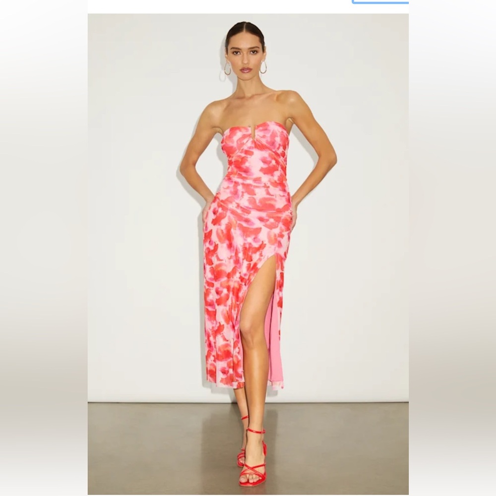 Lulus Chania pink multi floral Strapless Midi Dress size L New #3G
